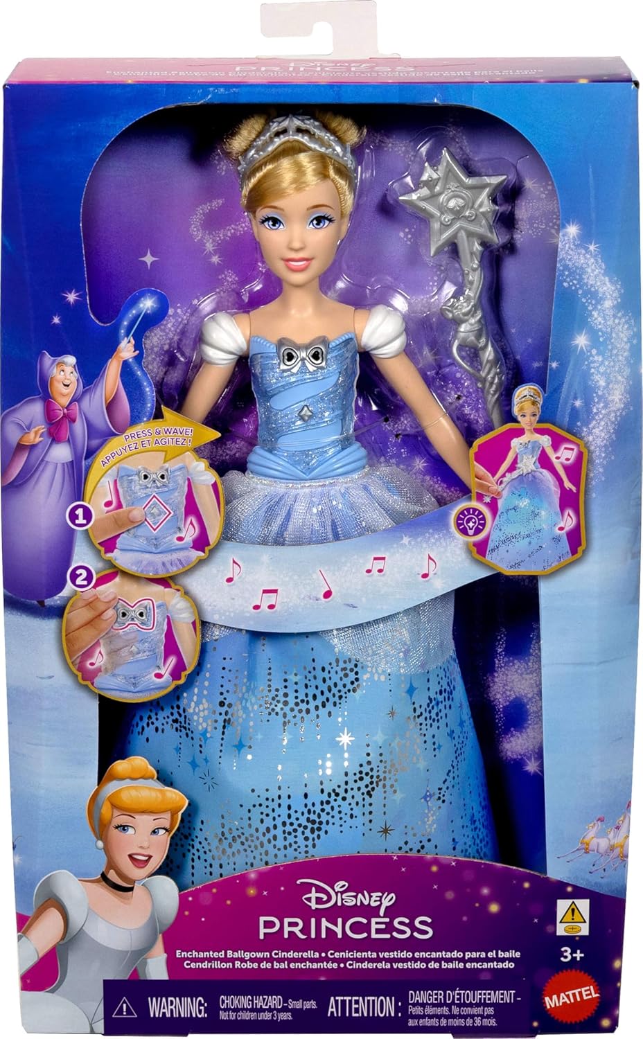 Mattel Disney Princess Cinderella Light-Up Dress Fashion Doll with Sounds & Magic Wand Activation, Enchanted Ballgown Cinderella Inspired by Movie, JBF94