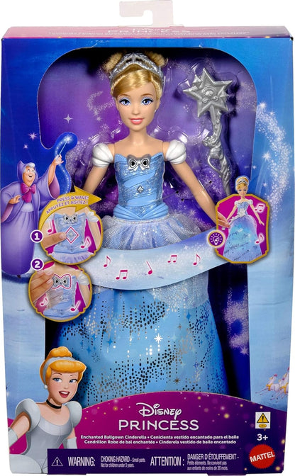 Mattel Disney Princess Cinderella Light-Up Dress Fashion Doll with Sounds & Magic Wand Activation, Enchanted Ballgown Cinderella Inspired by Movie, JBF94