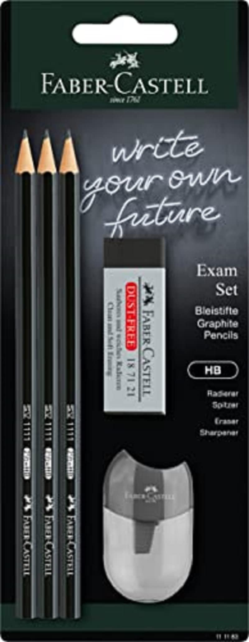 Faber-Castell 111183 Juego de examen 3 Lápices de grafito HB, goma y sacapuntas