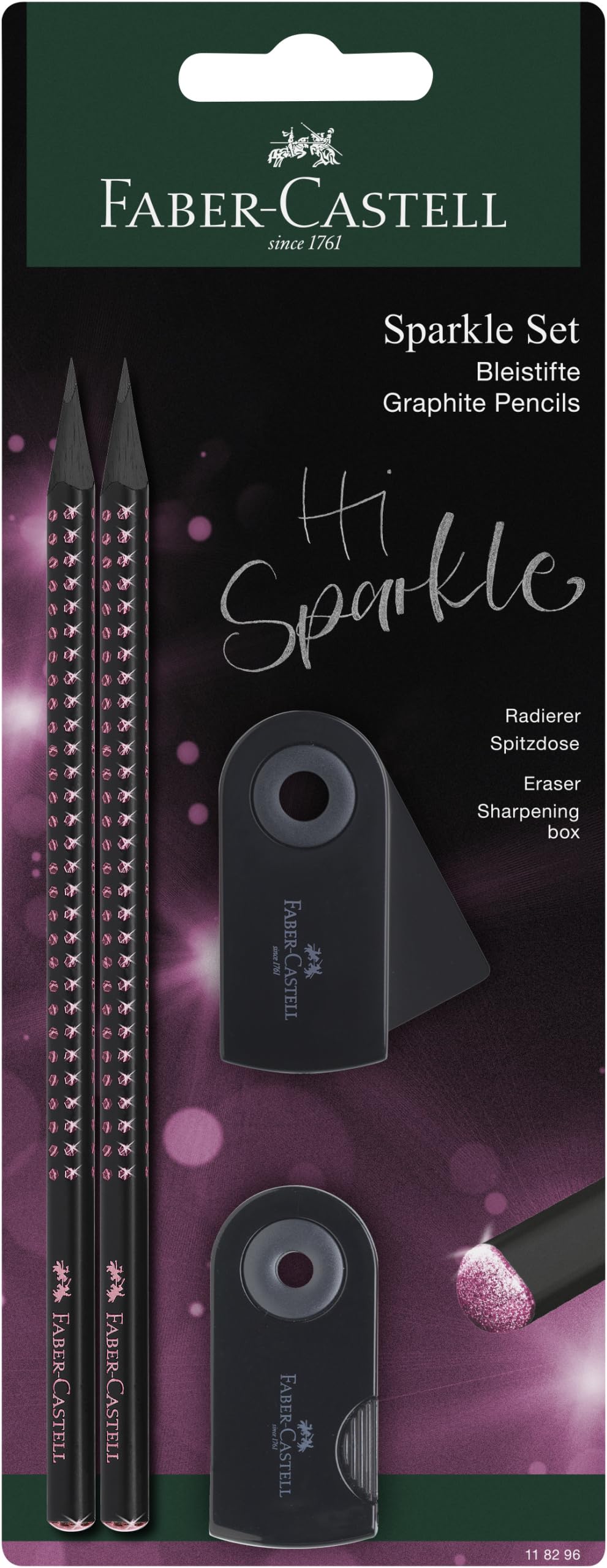 FABER-CASTELL 118296 – Juego de escritura Sparkle Midnight Rose con 2 lápices, 1 goma de borrar y 1 sacapuntas