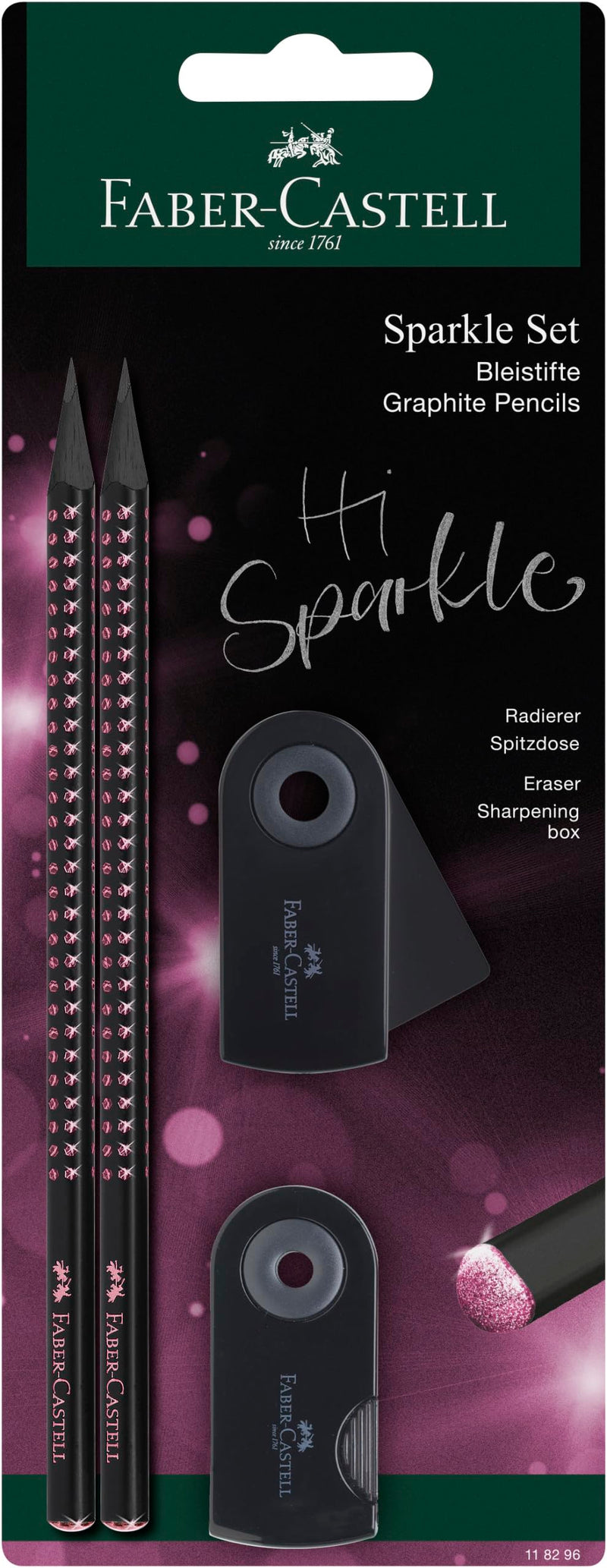 FABER-CASTELL 118296 – Juego de escritura Sparkle Midnight Rose con 2 lápices, 1 goma de borrar y 1 sacapuntas