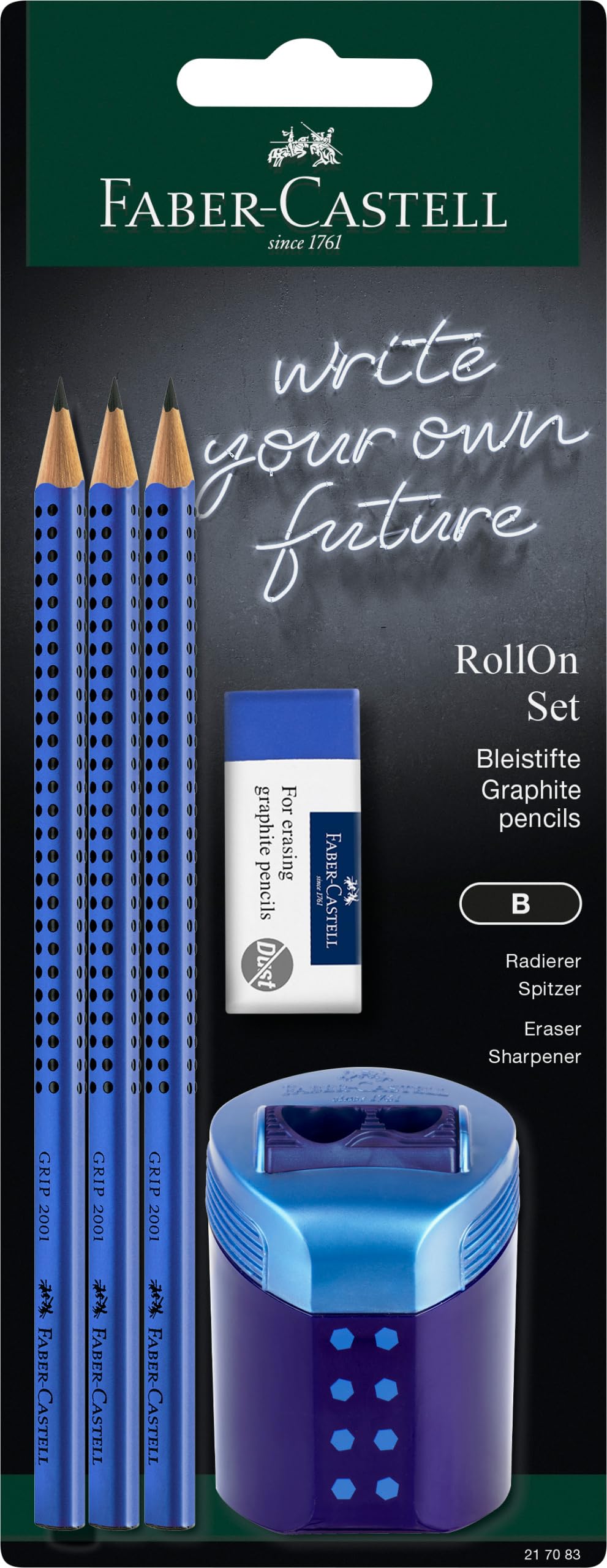 Faber-Castell 217083 Grip 2001 - Juego de lápices con goma de borrar, sacapuntas RollOn y 3 lápices, juego de escritura