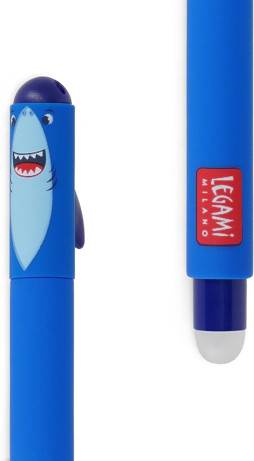 Legami Erasable Gel Pen, Ball on the End for Removing Ink Without Consuming the Paper, Blue Heat-Sensitive Ink, Tip Diameter 0.7 mm, Shark Theme