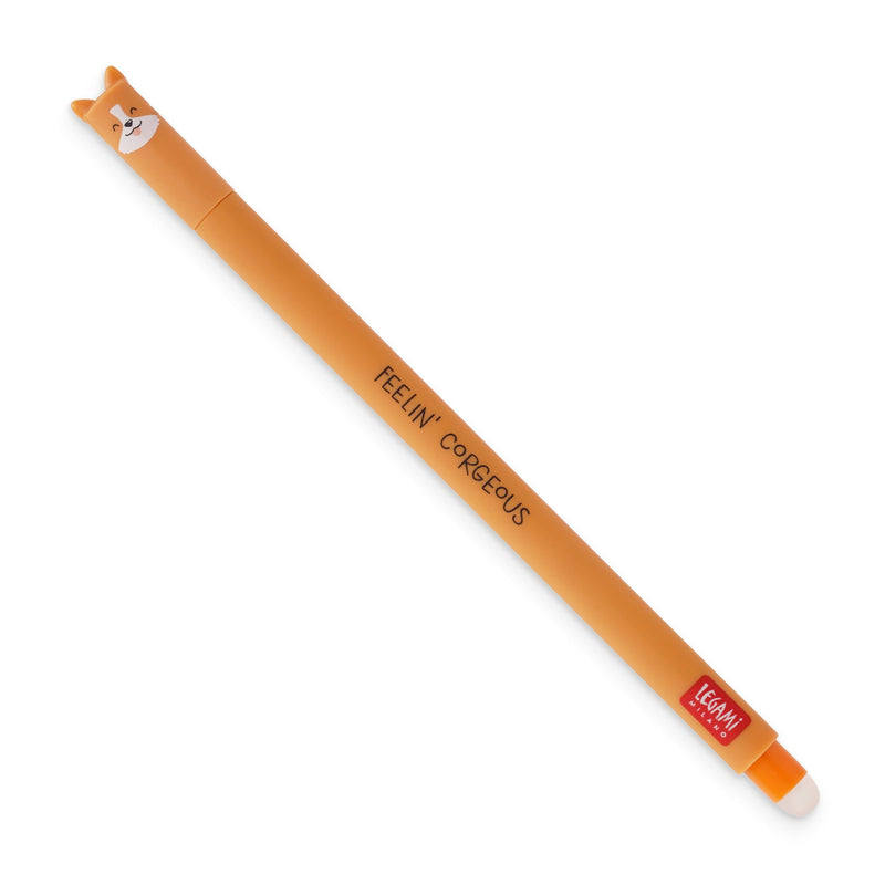 Legami - Erasable Gel Pen, Ball on the End to Remove Ink without Consuming the Paper - Black Thermal Sensitive Ink, Tip Diameter 0.7 mm - Corgi Theme