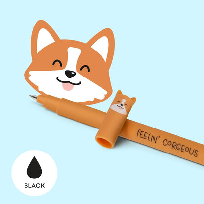 Legami - Erasable Gel Pen, Ball on the End to Remove Ink without Consuming the Paper - Black Thermal Sensitive Ink, Tip Diameter 0.7 mm - Corgi Theme