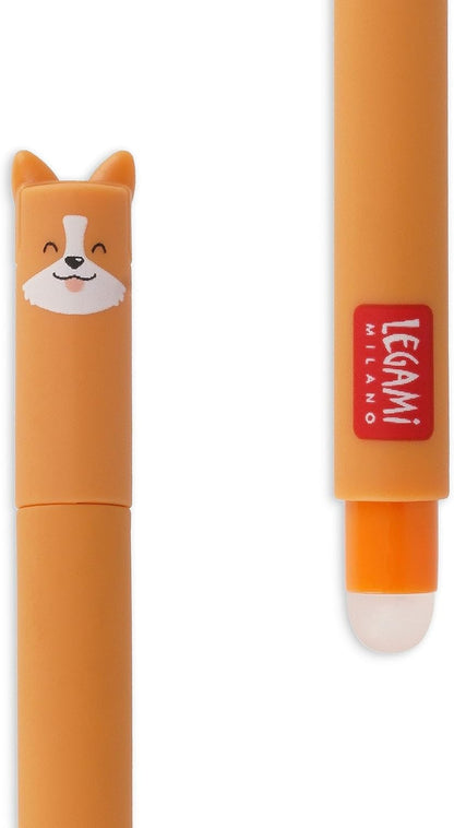 Legami - Erasable Gel Pen, Ball on the End to Remove Ink without Consuming the Paper - Black Thermal Sensitive Ink, Tip Diameter 0.7 mm - Corgi Theme