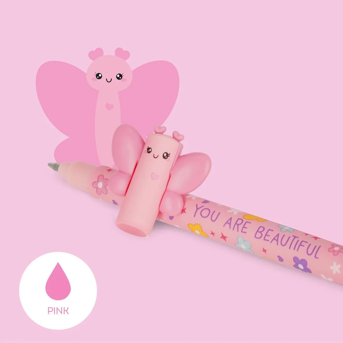 LEGAMI Butterfly - Pink Ink Erasable Gel Pen - Ball End for Ink Removal - 0.7mm Tip - Roller Ball Pen