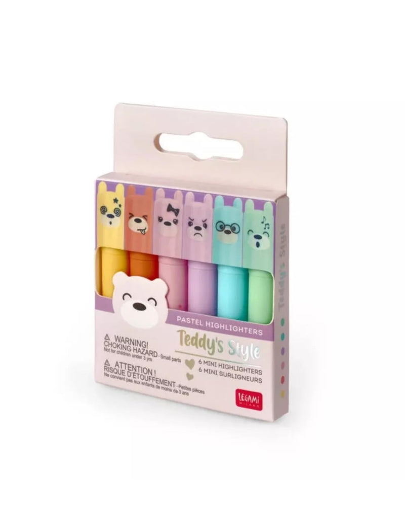 Legami Teddy’s Style Set of 6 Mini Highlighters, 1 x 7.5 cm, Yellow, Peach, Pink, Lilac, Light Blue, Light Green, for Precision Highlighting and Underlining