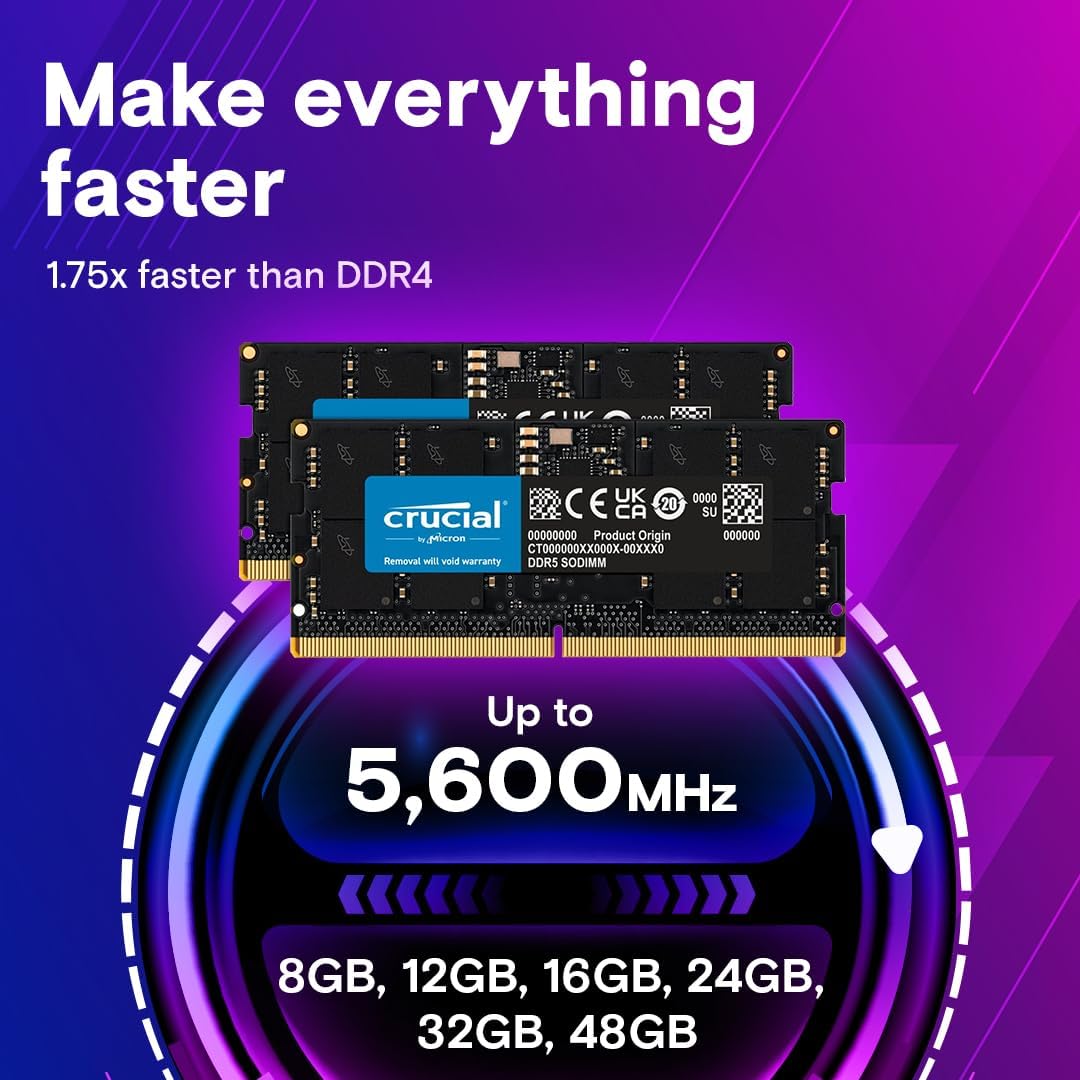 Crucial DDR5 RAM 64GB 5600MHz SODIMM, Laptop Computer Memory, Mini PC, High Performance RAM (or 5200MHz, 4800MHz), CL46 - CT64G56C46S5
