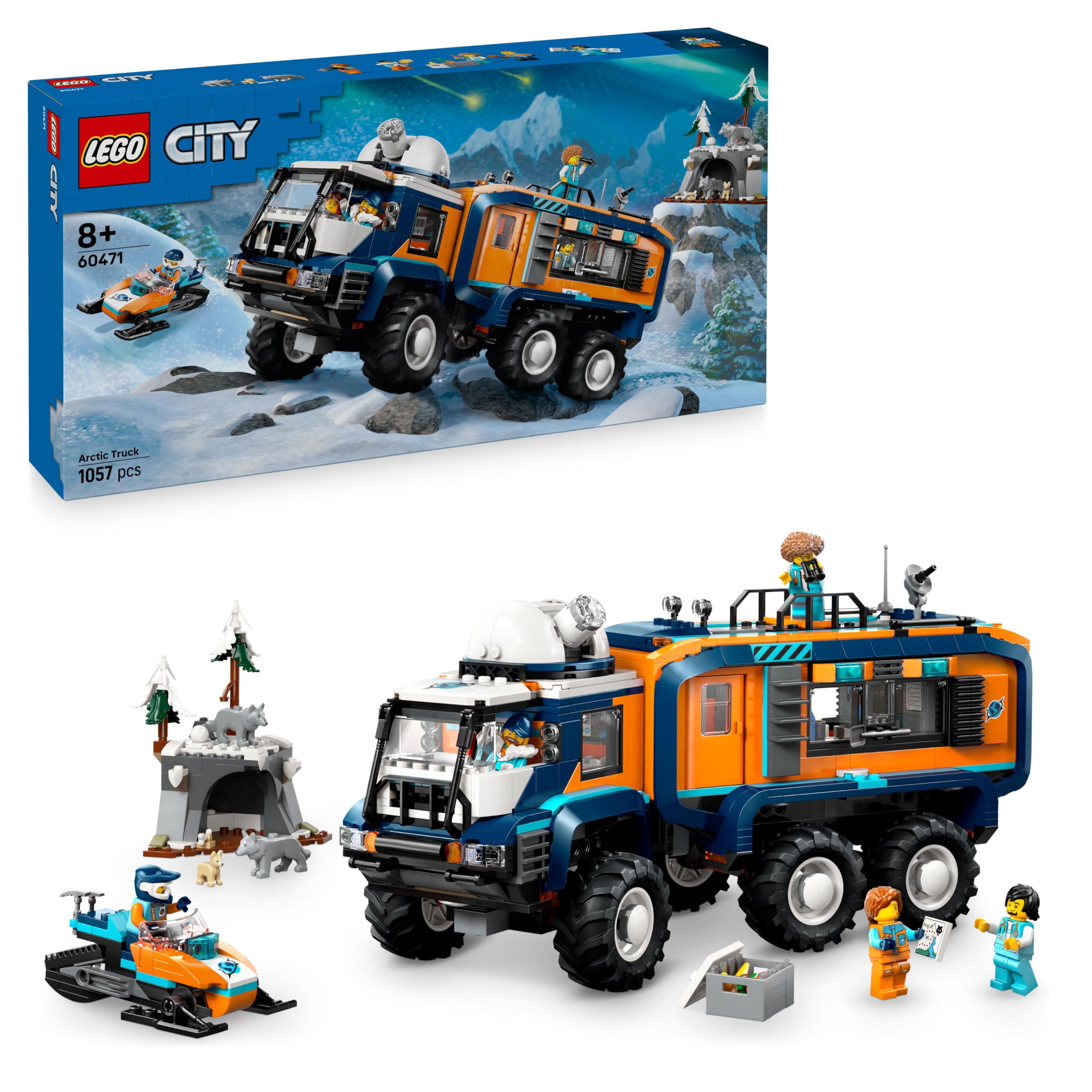LEGO City Laboratoriumtruck op de Noordpool Truck Speelgoed voor Kinderen - met Besturing en Ophanging - Incl. Sneeuwscooter, 5 Minifiguren en 3 Wolf Dieren Figuren, Cadeau voor Jongens - 60471