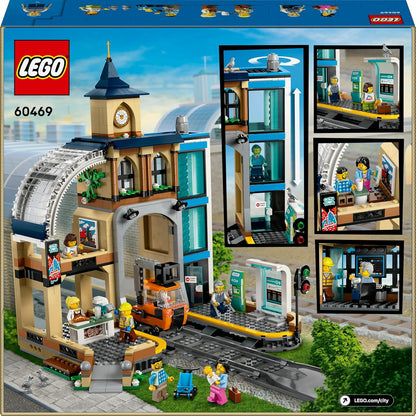 LEGO City Centraal Station Speelgoed voor Kinderen met Onderhoudswagon, Werkende Lift, Ticketmachine, 2 Perrons, Spoordeel en 6 Minifiguren, Cadeau voor Jongens en Meisjes vanaf 7 Jaar 60469