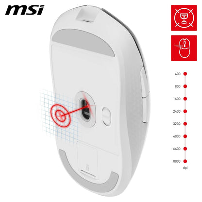 MSI VERSA 300 WIRELESS WHITE Gaming Mouse - 8000 DPI Optical Sensor, 1000 Hz polling, Symmetrical, 30M+ Click Kailh Micro Switches, 6 Buttons, 50-Hour Battery, 1ms Latency, RGB, 60g - Wired/Wireless
