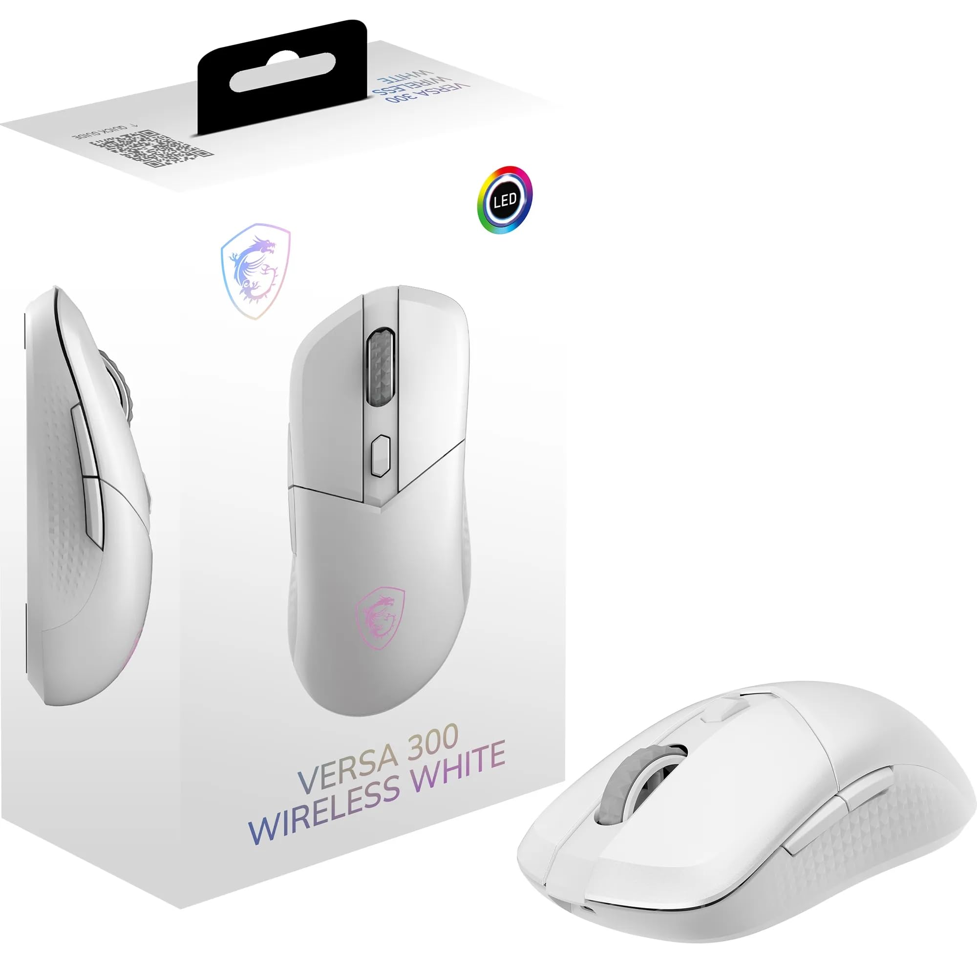 MSI VERSA 300 WIRELESS WHITE Gaming Mouse - 8000 DPI Optical Sensor, 1000 Hz polling, Symmetrical, 30M+ Click Kailh Micro Switches, 6 Buttons, 50-Hour Battery, 1ms Latency, RGB, 60g - Wired/Wireless