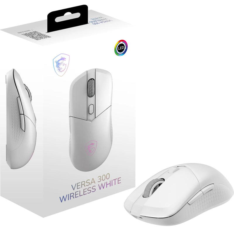 MSI VERSA 300 WIRELESS WHITE Gaming Mouse - 8000 DPI Optical Sensor, 1000 Hz polling, Symmetrical, 30M+ Click Kailh Micro Switches, 6 Buttons, 50-Hour Battery, 1ms Latency, RGB, 60g - Wired/Wireless