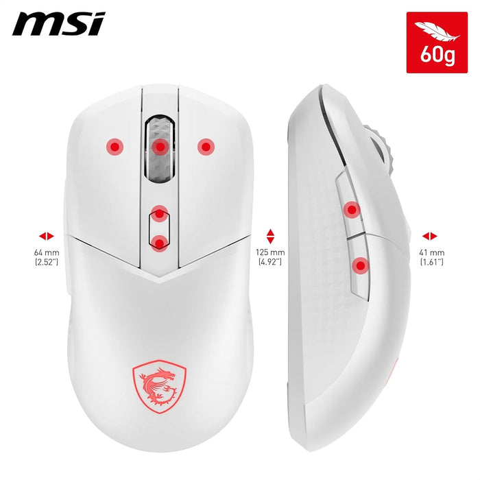 MSI VERSA 300 WIRELESS WHITE Gaming Mouse - 8000 DPI Optical Sensor, 1000 Hz polling, Symmetrical, 30M+ Click Kailh Micro Switches, 6 Buttons, 50-Hour Battery, 1ms Latency, RGB, 60g - Wired/Wireless