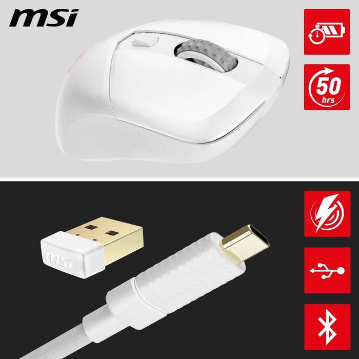 MSI VERSA 300 WIRELESS WHITE Gaming Mouse - 8000 DPI Optical Sensor, 1000 Hz polling, Symmetrical, 30M+ Click Kailh Micro Switches, 6 Buttons, 50-Hour Battery, 1ms Latency, RGB, 60g - Wired/Wireless