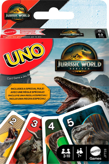 Mattel Games UNO Jurassic World Rebirth Card Game for Kids, Family & Adult Games Nights, Deck with Special Rule & Images Inspired by the Movie, JFT28