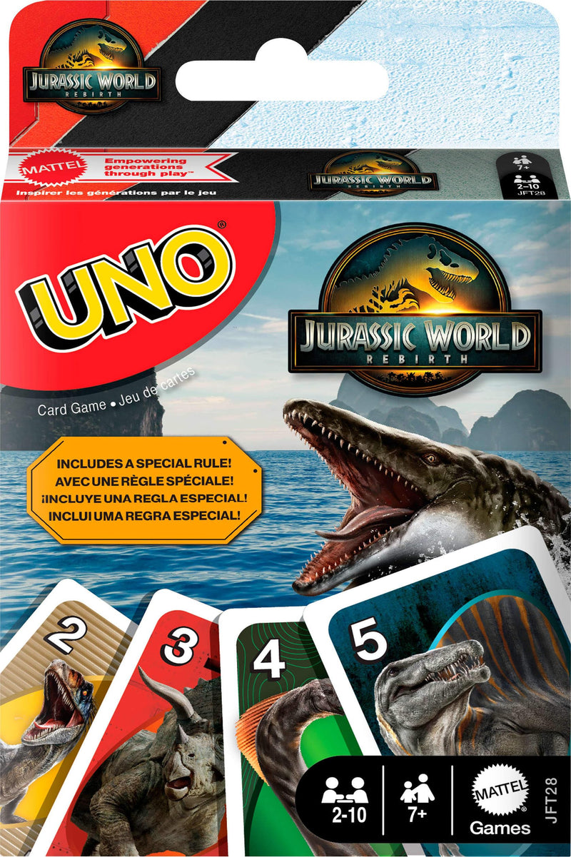 Mattel Games UNO Jurassic World Rebirth Card Game for Kids, Family & Adult Games Nights, Deck with Special Rule & Images Inspired by the Movie, JFT28