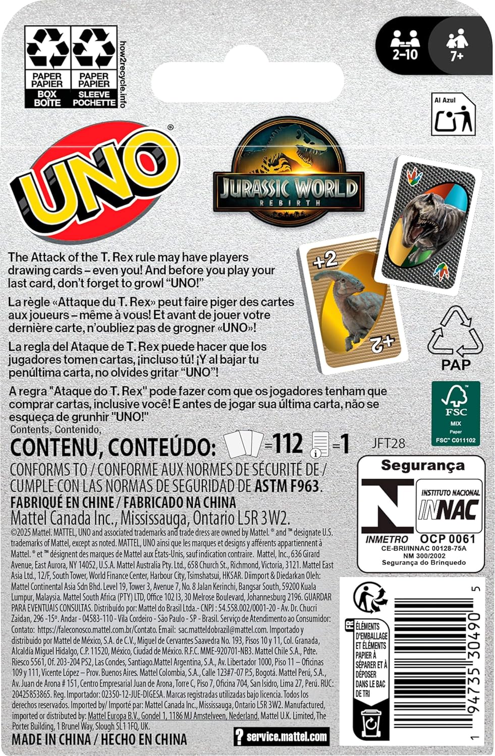 Mattel Games UNO Jurassic World Rebirth Card Game for Kids, Family & Adult Games Nights, Deck with Special Rule & Images Inspired by the Movie, JFT28