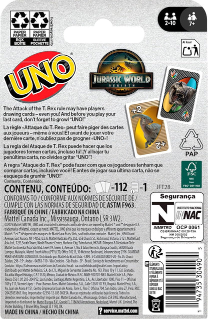 Mattel Games UNO Jurassic World Rebirth Card Game for Kids, Family & Adult Games Nights, Deck with Special Rule & Images Inspired by the Movie, JFT28