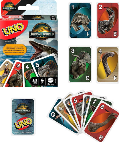 Mattel Games UNO Jurassic World Rebirth Card Game for Kids, Family & Adult Games Nights, Deck with Special Rule & Images Inspired by the Movie, JFT28