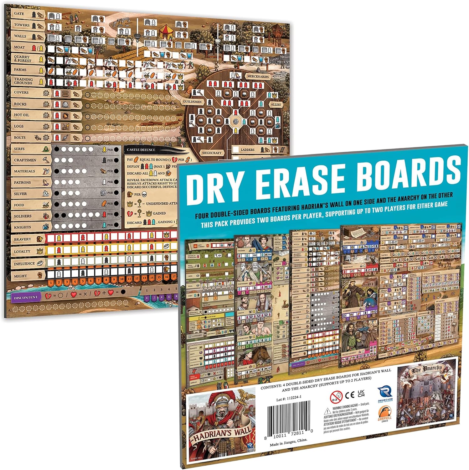 Renegade Games : Hadrian's Wall & The Anarchy – Tableaux effaçables à sec – 4 planches réutilisables double face, lot d'accessoires de jeu de stratégie européen, Garphill Games