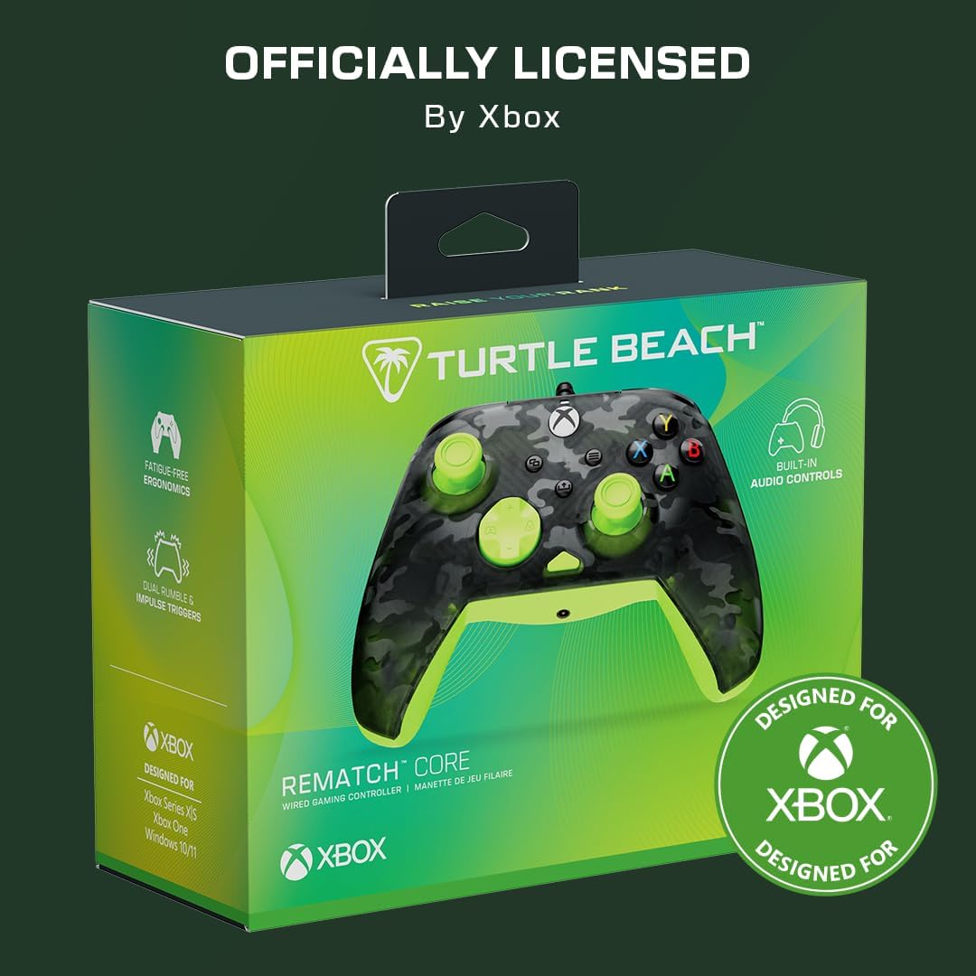 Turtle Beach Rematch Core Ghost Camo Nero/Giallo - Gamepad cablato - Con licenza per Xbox Series XS, Xbox One e PC - Pulsanti audio, motori Rumble e grilletti a impulsi, cavo da 3 m