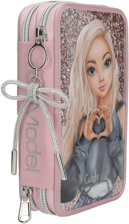Depesche 13293 TOPModel My BFF Filled 2-Compartment Pencil Case in Pink, with Model Motif and Glitter, Pencil Case with Colouring Pencils, Ruler, Glue Stick and much more