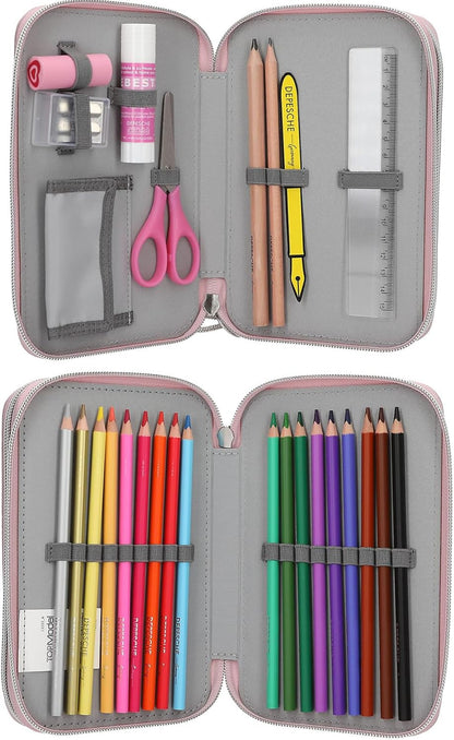 Depesche 13293 TOPModel My BFF Filled 2-Compartment Pencil Case in Pink, with Model Motif and Glitter, Pencil Case with Colouring Pencils, Ruler, Glue Stick and much more