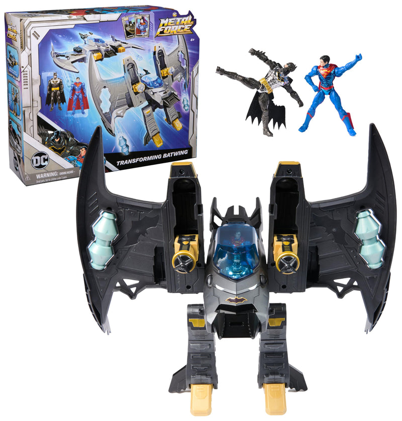 DC Comics, Metal Force Transforming Batwing, 2-in-1 Playset, Includes Batman and Superman Figures, with Projectiles and Character Cards, Kids’ Toy for Boys and Girls Aged 4+