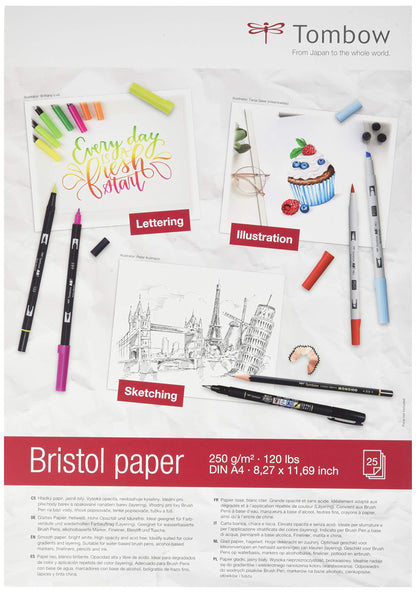 Tombow Bristol Drawing Paper DIN A4 250 g/m², 25 Sheets, Artist Paper for Sketches and Illustrations, for Brush pens, Markers, Pencils and Crayons