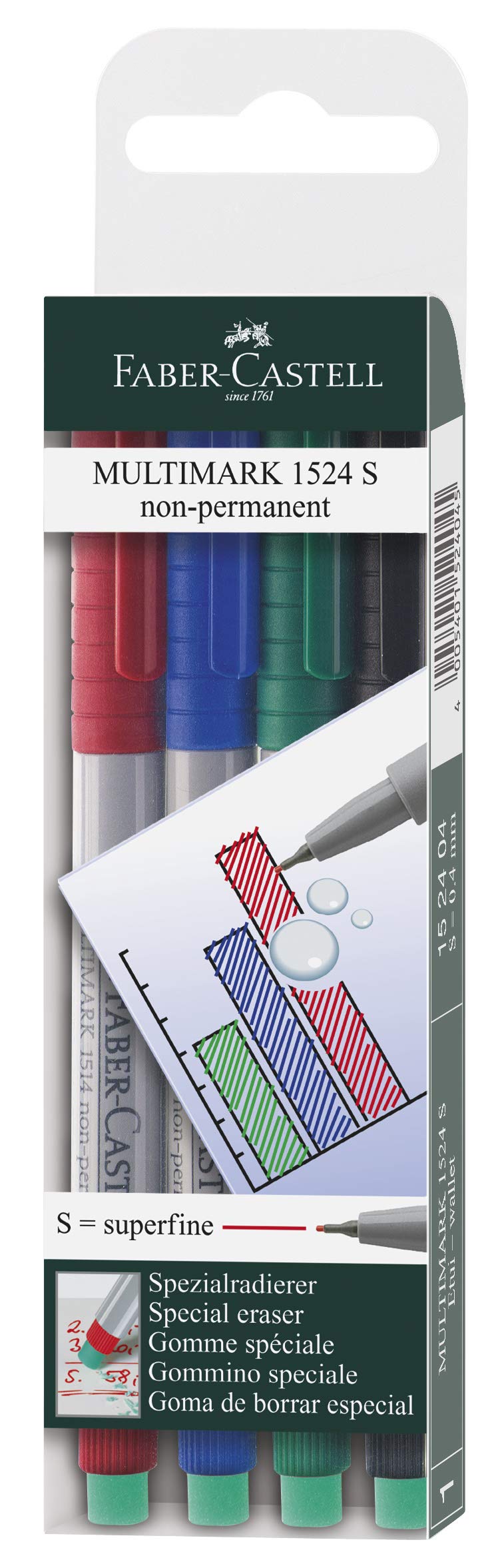 Faber-Castell 152404 - Marker Multimark niet-permanent, sterkte S, etui van 4, inhoud per 1 x rood, blauw, groen, zwart