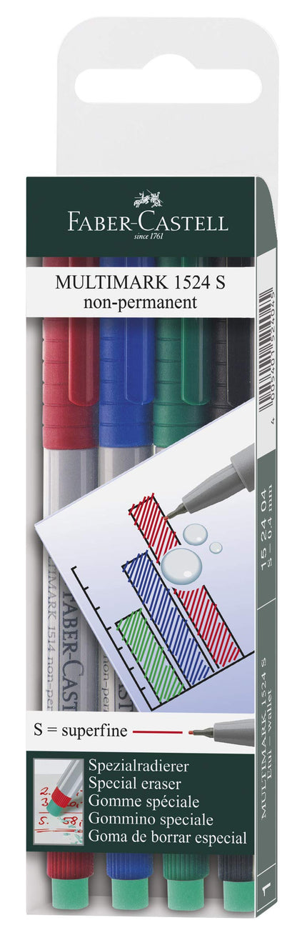 Faber-Castell 152404 - Marker Multimark niet-permanent, sterkte S, etui van 4, inhoud per 1 x rood, blauw, groen, zwart