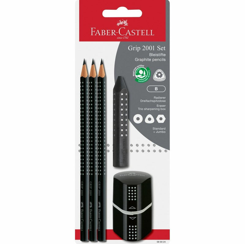 Faber-Castell 580024 Grip 2001 Pencil Set 5-Piece with 3 Pencils, Eraser and Sharpener