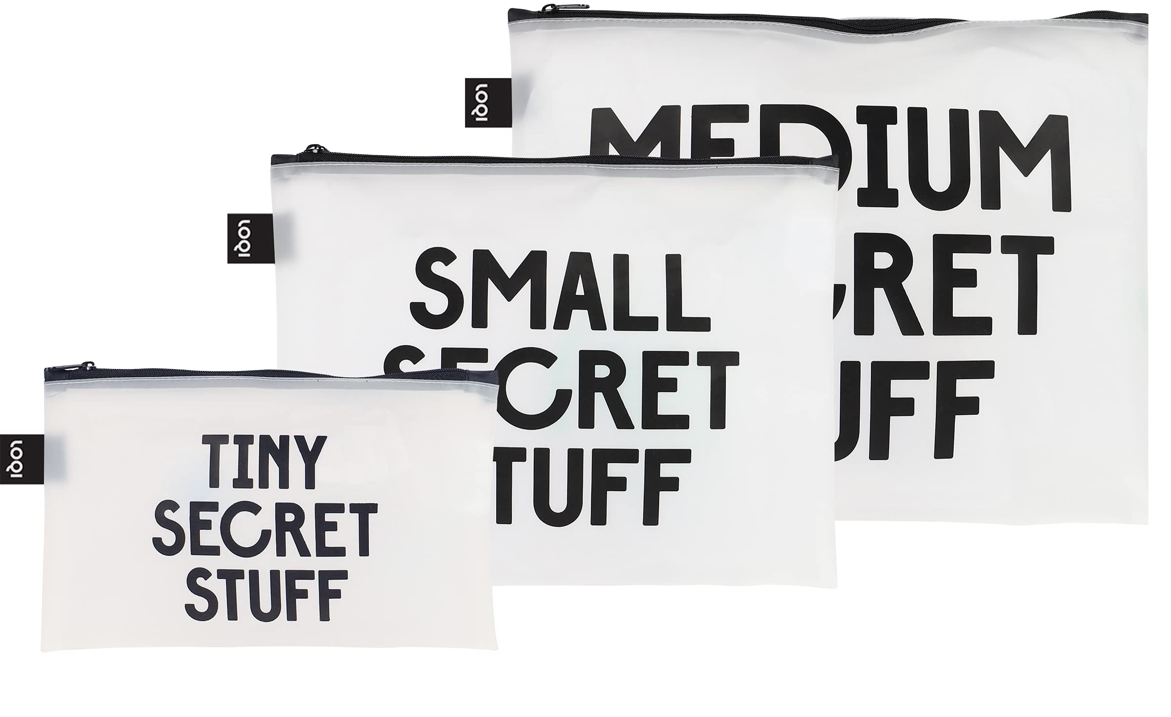 LOQI Snask Secret and Classified Zip Pouches, Multi-Colour, Small, Medium, Large, Modern, Multicolored, S,M,L, Modern
