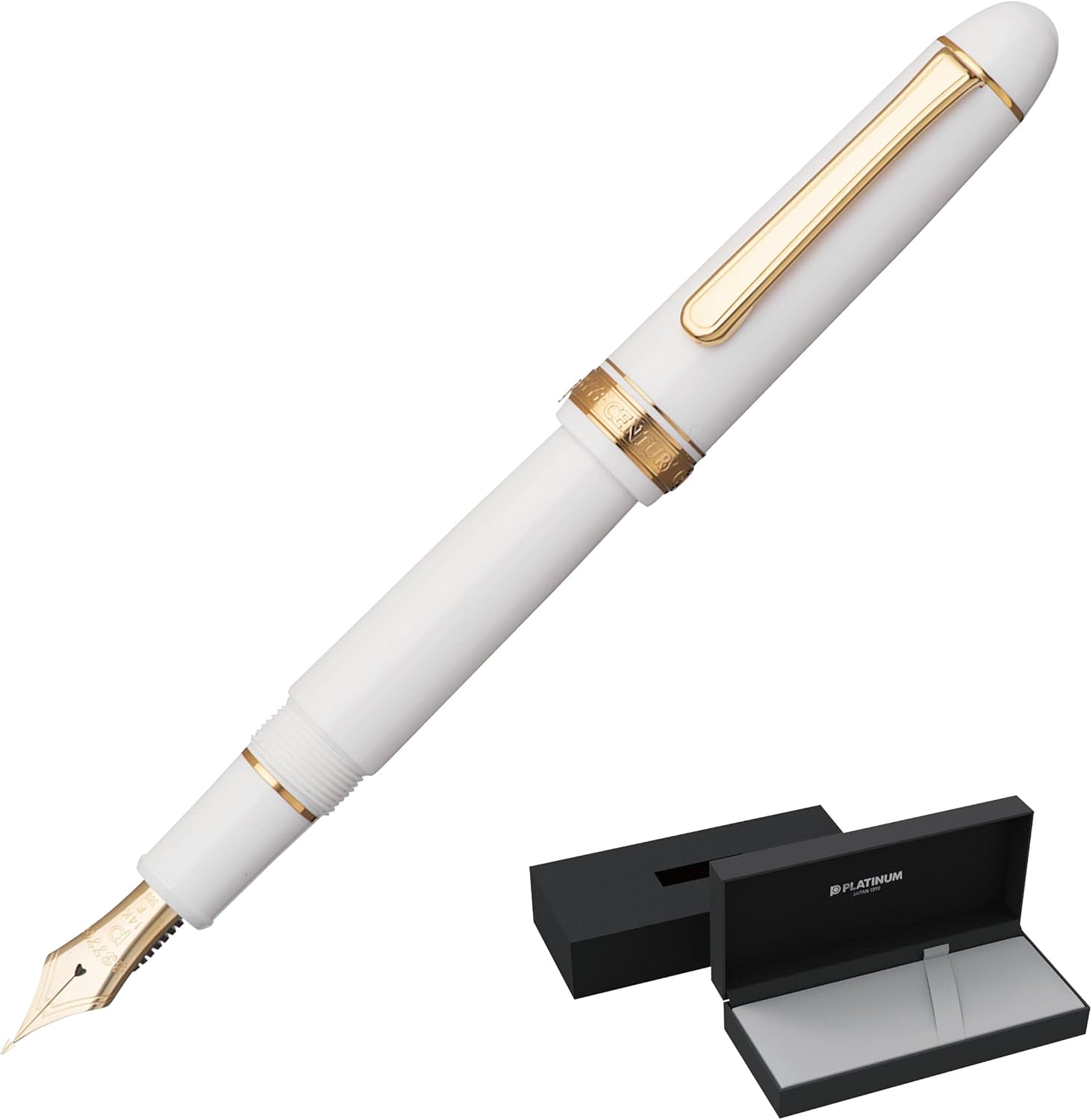 PLATINUM Japanese Fountain Pen #3776 Century Gold Trim Chenonceau White F/White 0.28-0.34mm Handmade 14k Gold Nib with Gift Box Fountain Pen