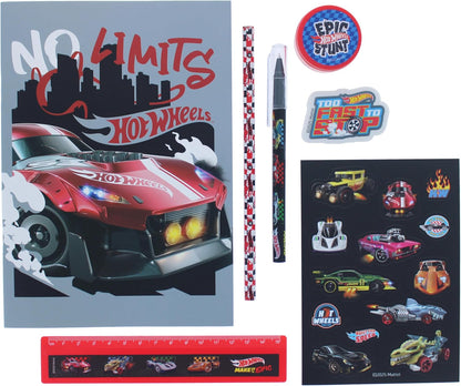 Hot Wheels Super Stationery Set | School Supplies for Boys | A5 Exercise Book, Hot Wheels Ruler, Pen, Pencil, Eraser, Sharpener & Stickers | Back to School Stationery