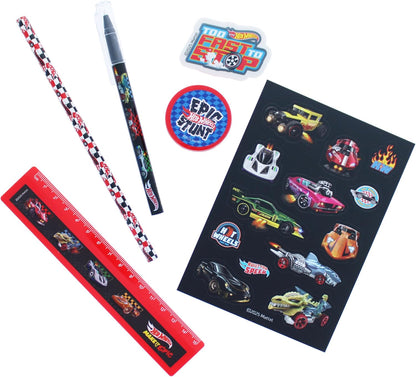 Hot Wheels Super Stationery Set | School Supplies for Boys | A5 Exercise Book, Hot Wheels Ruler, Pen, Pencil, Eraser, Sharpener & Stickers | Back to School Stationery