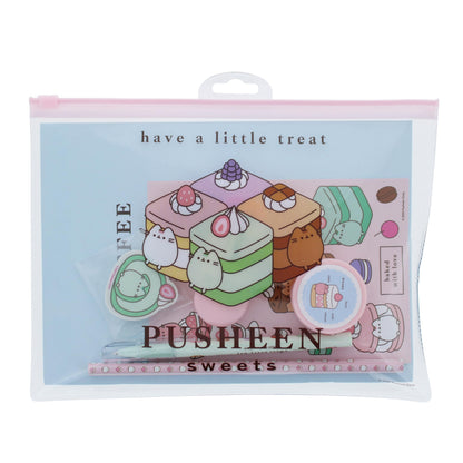 Blueprint Collections Pusheen - Set di cancelleria per dolci, formato A5, con penna, matita, evidenziatore, gomma, temperamatite e adesivi, in portafoglio con chiusura lampo