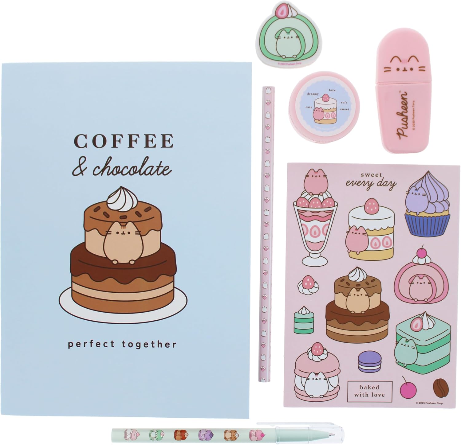 Blueprint Collections Pusheen - Set di cancelleria per dolci, formato A5, con penna, matita, evidenziatore, gomma, temperamatite e adesivi, in portafoglio con chiusura lampo