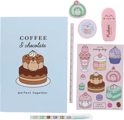 Blueprint Collections Pusheen - Set di cancelleria per dolci, formato A5, con penna, matita, evidenziatore, gomma, temperamatite e adesivi, in portafoglio con chiusura lampo