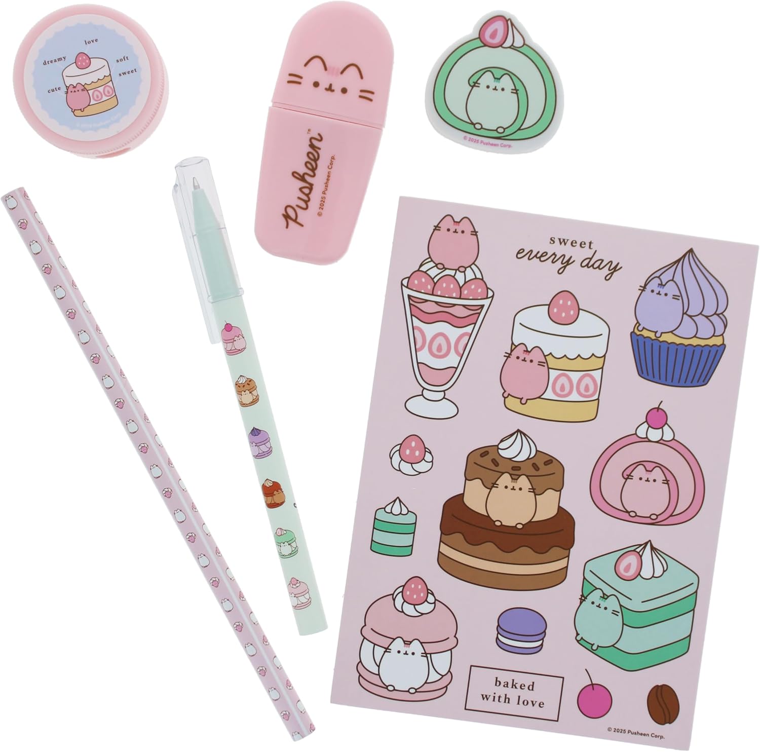 Blueprint Collections Pusheen - Set di cancelleria per dolci, formato A5, con penna, matita, evidenziatore, gomma, temperamatite e adesivi, in portafoglio con chiusura lampo