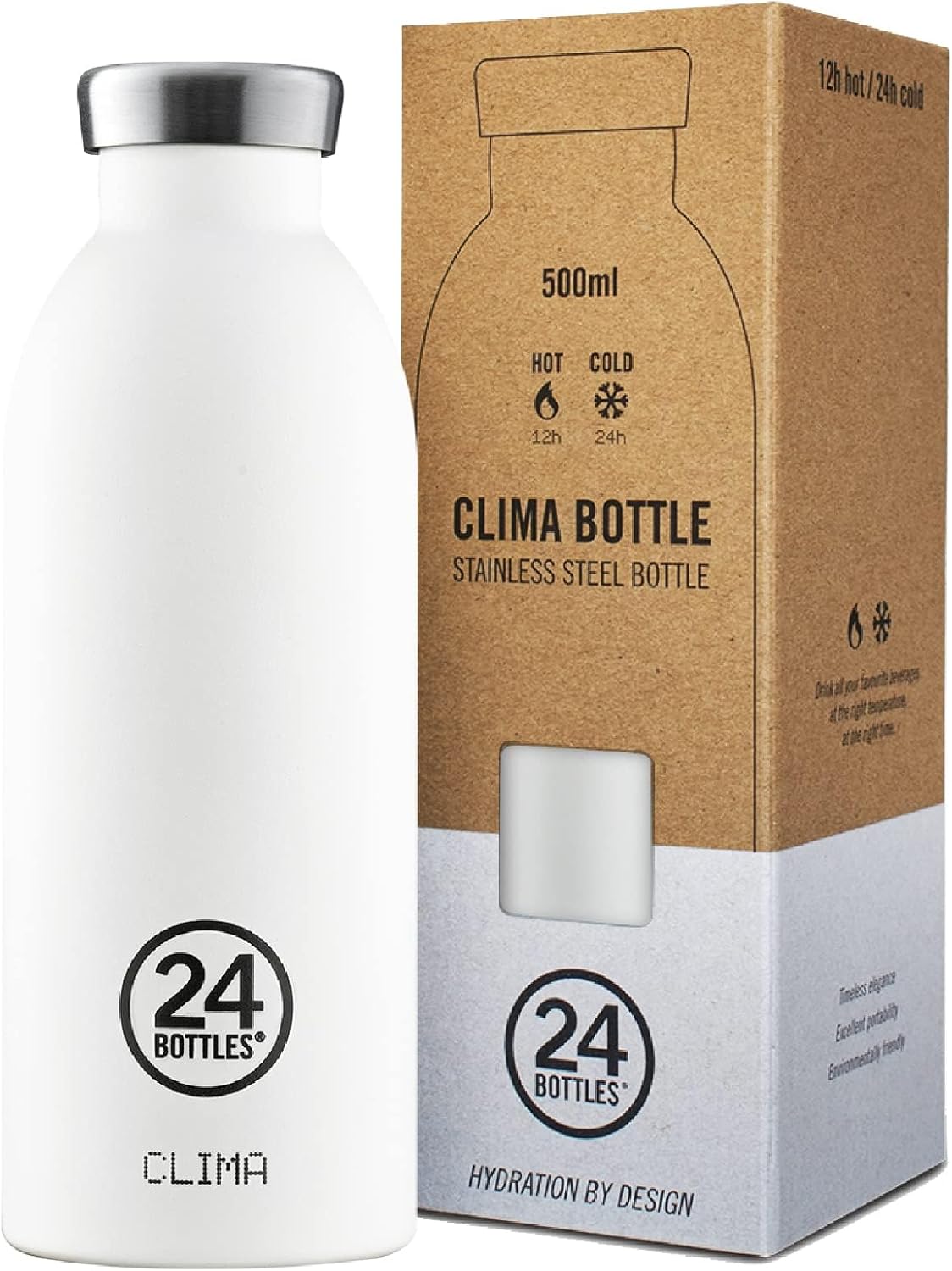 24Bottles Thermal Water Bottle | Reusable Stainless Steel Thermos Bottle BPA | 24Hours Cold 12Hours Hot | Climate Bottle | Italian Original Design - Ice White 500ml