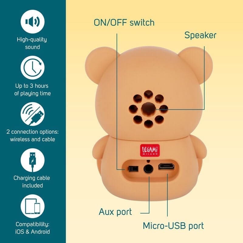 Legami - Wireless Speaker with Stand, The Sound of Cuteness, Teddy Bear Theme, Rechargeable, USB Cable Included, Can be Used as a Mobile Phone Holder, 6 x 8 x 5 cm
