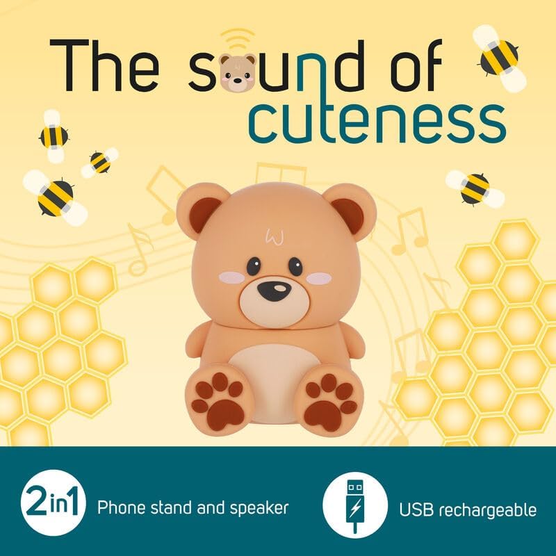 Legami - Wireless Speaker with Stand, The Sound of Cuteness, Teddy Bear Theme, Rechargeable, USB Cable Included, Can be Used as a Mobile Phone Holder, 6 x 8 x 5 cm
