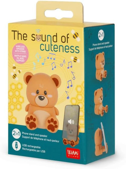 Legami - Wireless Speaker with Stand, The Sound of Cuteness, Teddy Bear Theme, Rechargeable, USB Cable Included, Can be Used as a Mobile Phone Holder, 6 x 8 x 5 cm