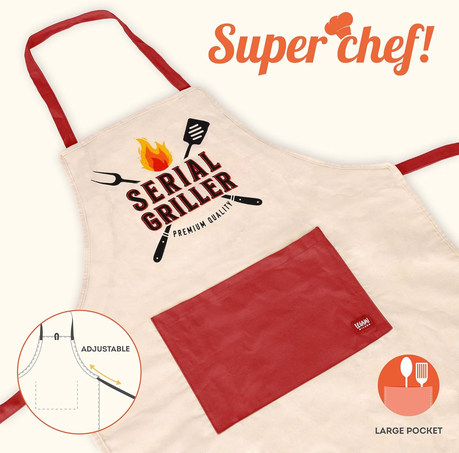 Legami - Grembiule da Cucina Uomo Donna, Super Chef, Tasca Frontale, Regolabile, Taglia Unica, Lavabile in Lavatrice, Dimensioni 56 x 76 cm