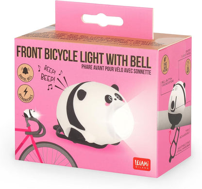 Legami - Front Bicycle Light with Bell Panda Theme Adjustable Strap 3 Light Modes 5 Sound Modes Type C Cable Included Rechargeable Water Resistant