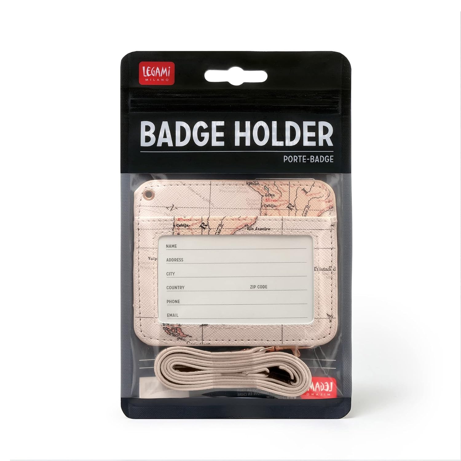 Legami - Neck ID Badge Holder, 1 Clear Window, Card Slots, Drawstring with Carabiner, Closure with Safety Clip, Perfect for Nurses, 4.1 x 3.5 Inch, Travel Theme