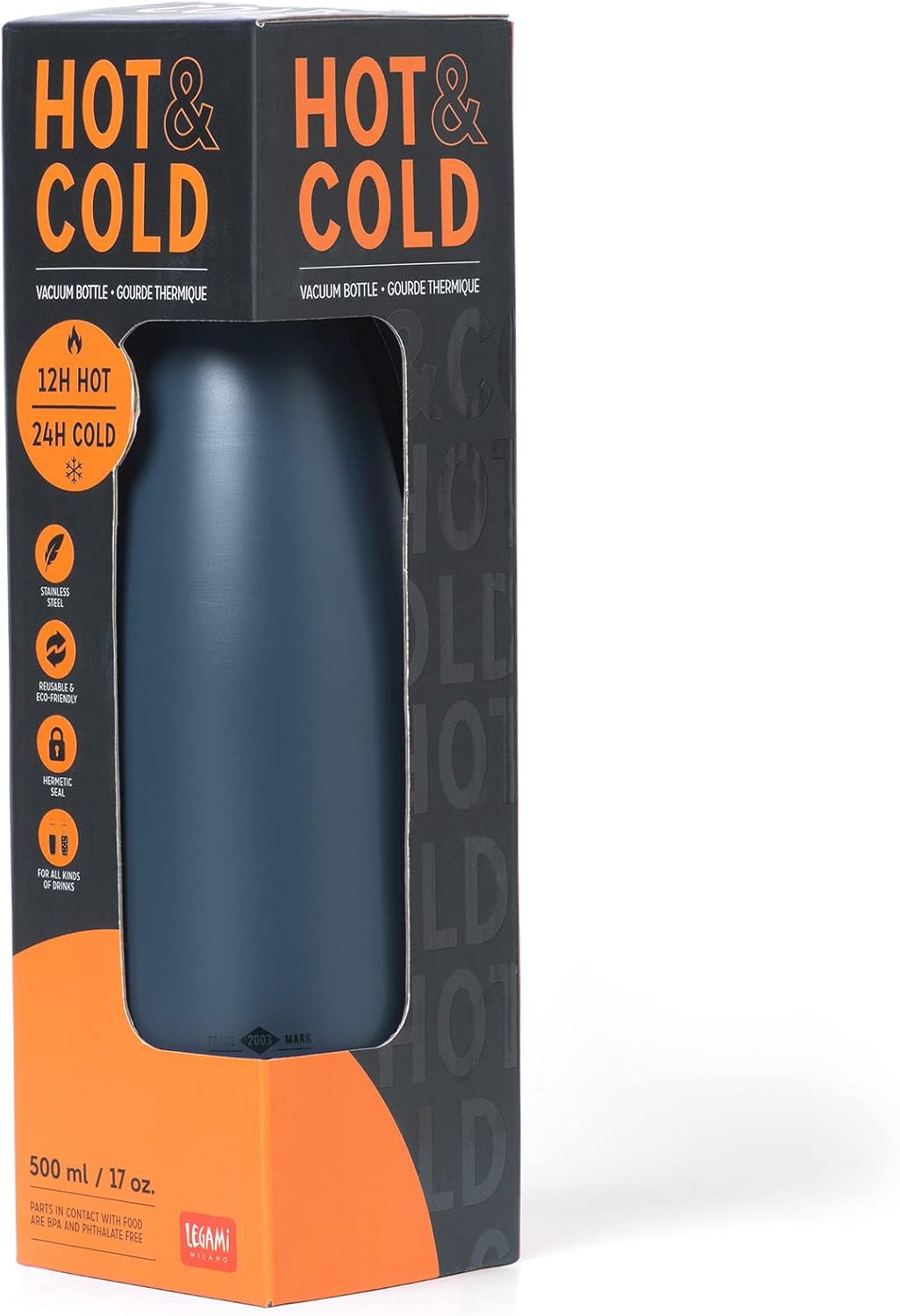 Legami - Hot&Cold, Bouteille Thermique 500 ml, Ø 7 cm, Légère et résistante, fermeture hermétique, poignée en silicone amovible, variante noire, sans BPA et phtalates